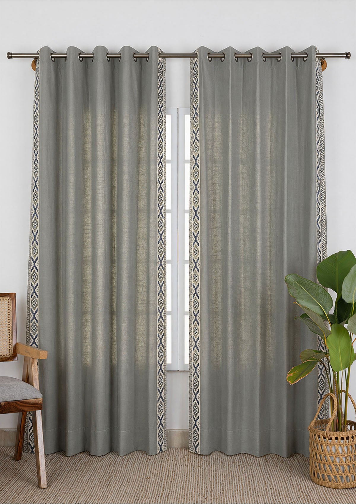 Glen Embroidered Trim Room Darkening & Juniper Printed Sheer Light Reduction | 100% Cotton for Living Room & Bedroom | Floral | Basil Green | Combo Curtains | Pack of 4