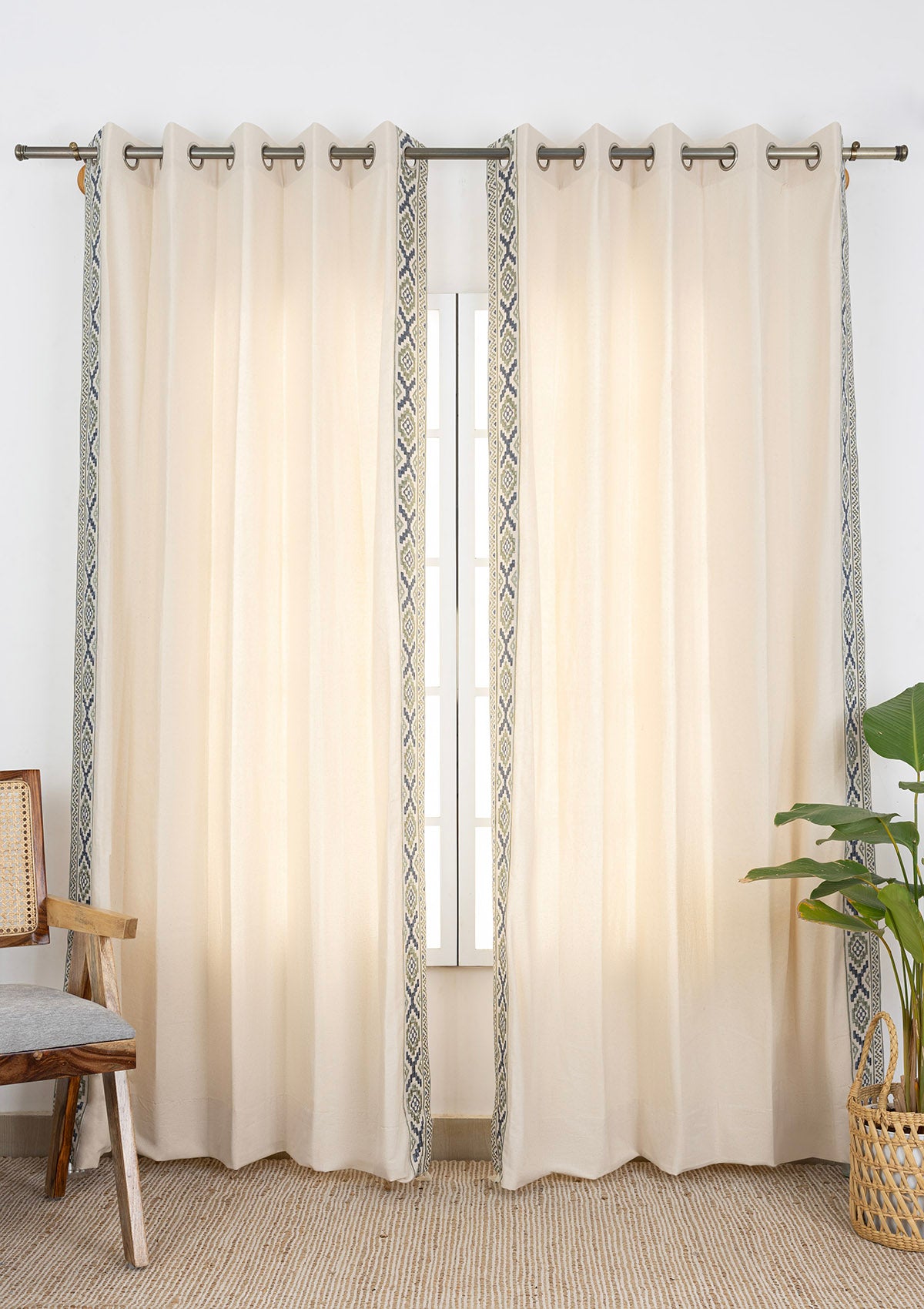 Glen Embroidered Trim Room Darkening & Juniper Printed Sheer Light Reduction | 100% Cotton for Living Room & Bedroom | Floral | Beige & Green | Combo Curtains | Pack of 4