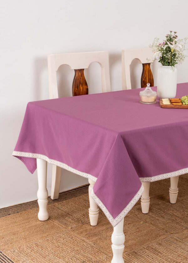 Solid Grape 100% cotton plain table cloth for 4 seater or 6 seater dining with lace border