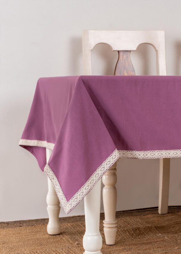 Solid Grape 100% cotton plain table cloth for 4 seater or 6 seater dining with lace border