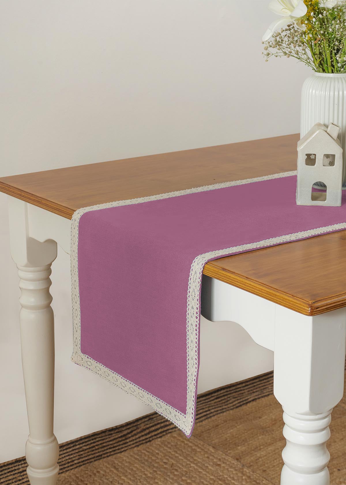Solid Grape 100% cotton plain table runner for 4 seater or 6 seater dining with lace boarder - grape