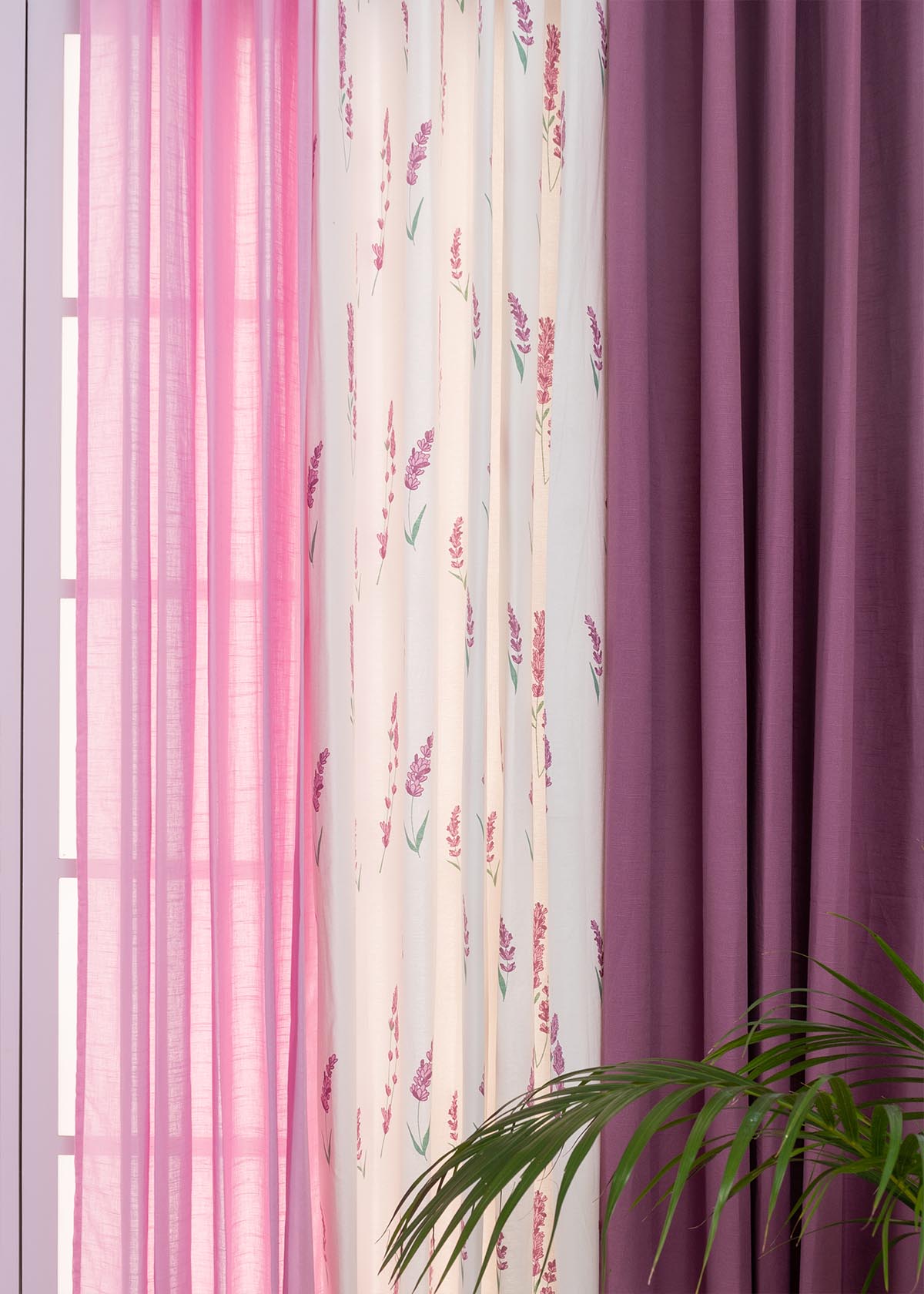 Grape Solid, Fields Of Lavender, Dusty Lavender Sheer Set Of 3 Combo Cotton Curtain - Grape Lavender