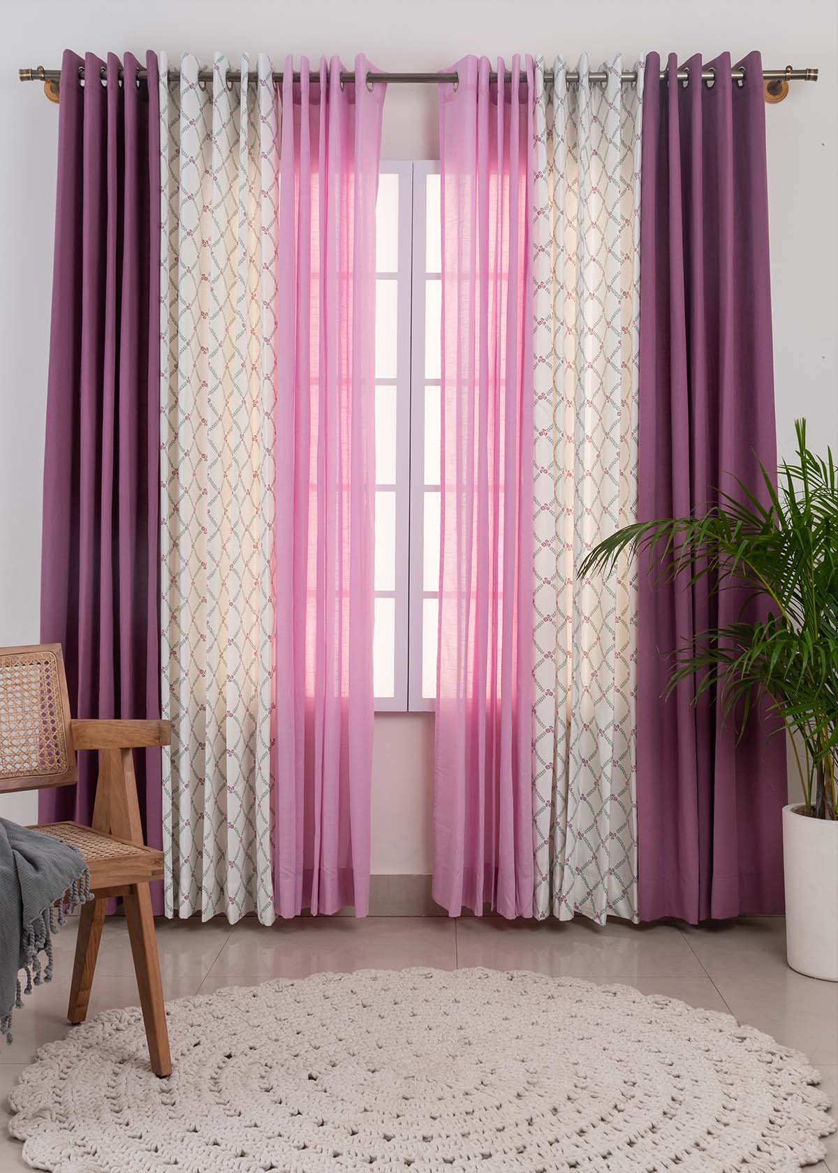 Grape Solid, Climbing Roses In Lavender, Dusty Lavender Sheer Set Of 3 Combo Cotton Curtain - Grape Lavender