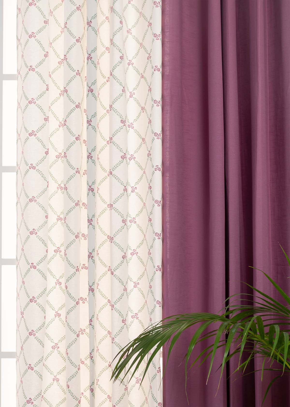 Grape Solid, Climbing Roses In Lavender Set Of 2 Combo Cotton Curtain - Grape Lavender