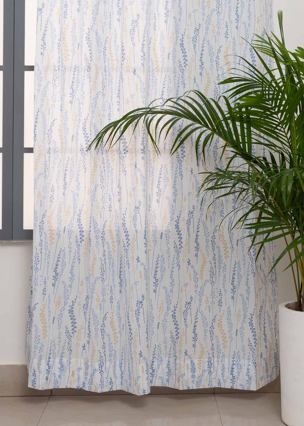 Grass Fields Blue 100% cotton sheer floral curtain for living room -  Light filtering - Single Piece