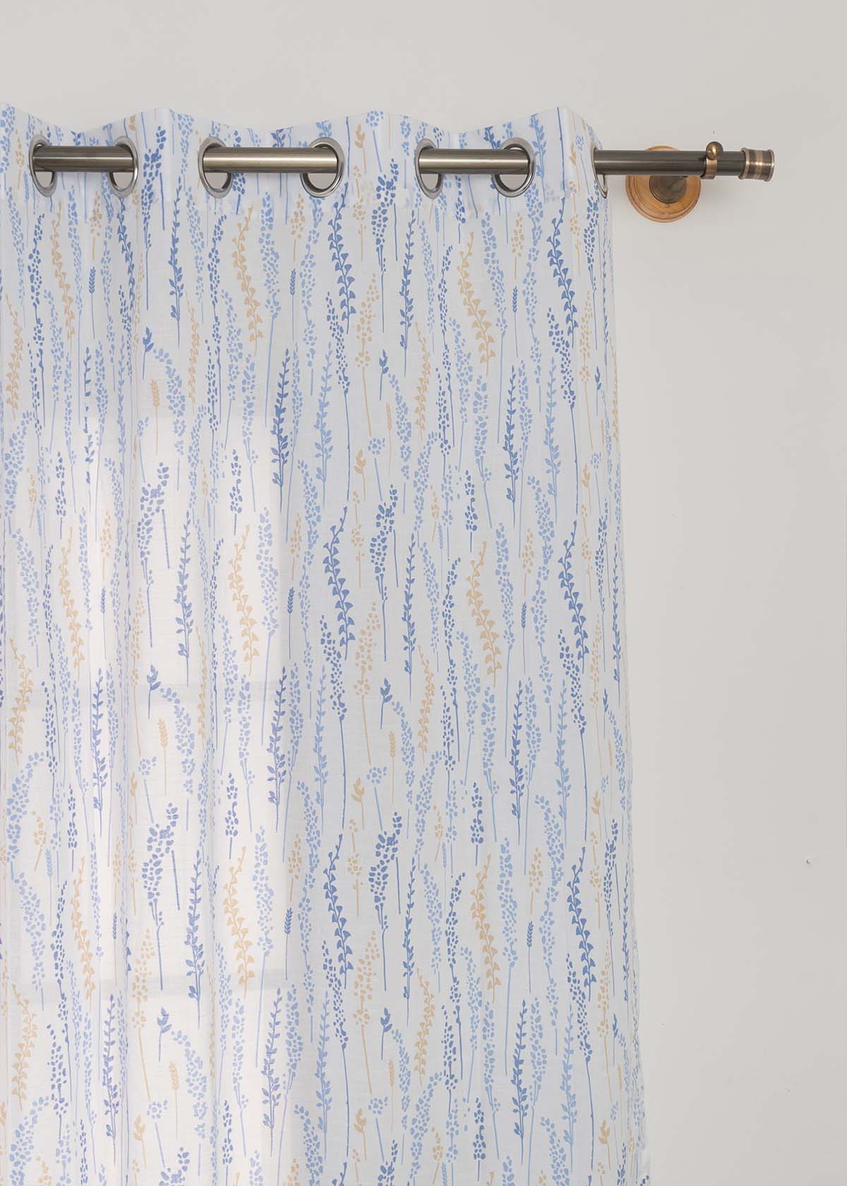 Grass Fields Blue 100% cotton sheer floral curtain for living room -  Light filtering - Single Piece