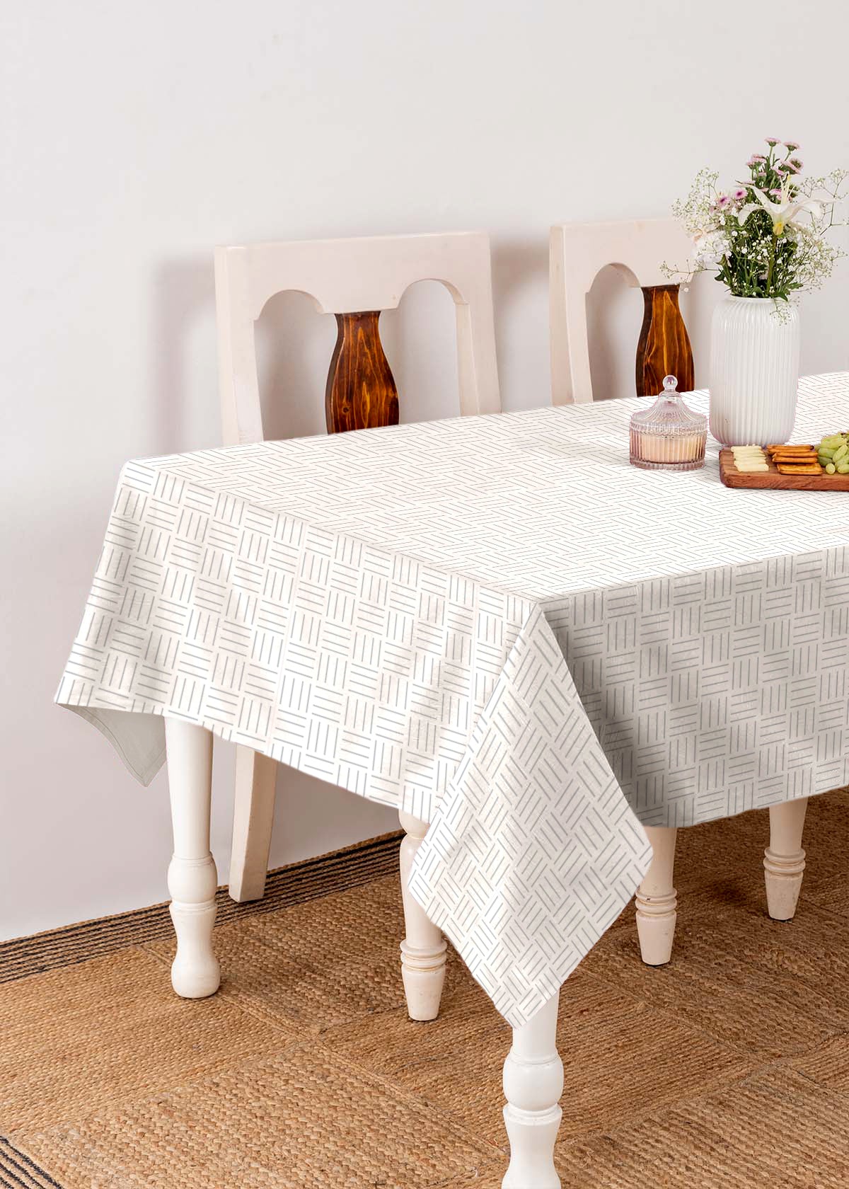 Hashlines Printed 100% cotton geometric table cloth for 4 seater or 6 seater dining - Grey