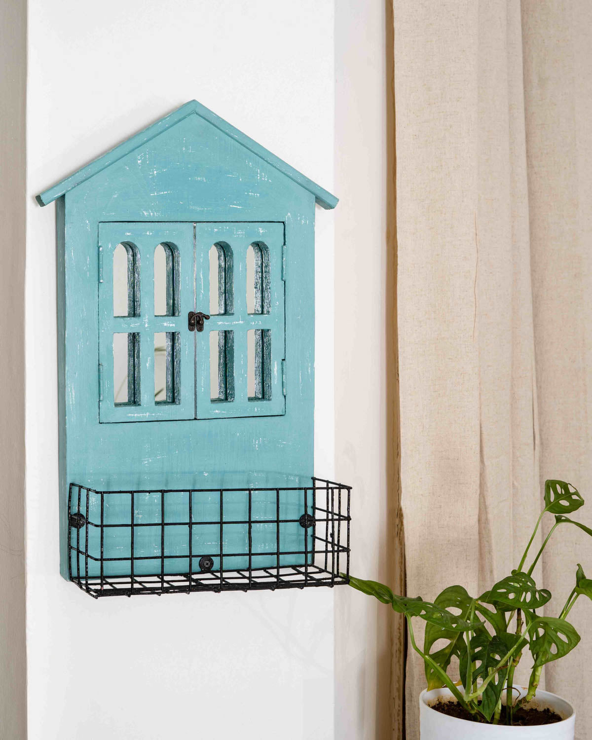 House Mirror Window Frame With Basket - Rainy Blue