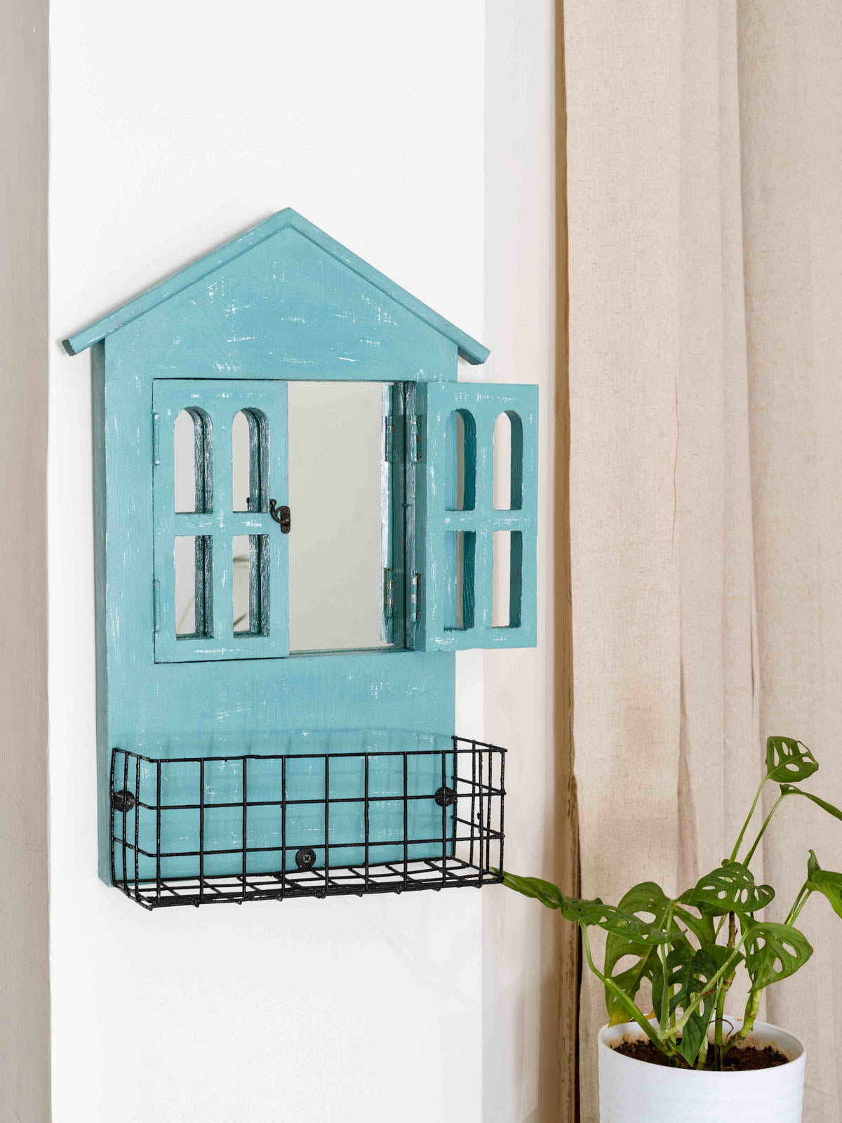 House Mirror Window Frame With Basket - Rainy Blue