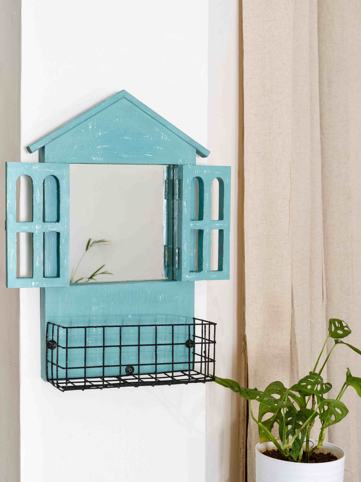 House Mirror Window Frame With Basket - Rainy Blue