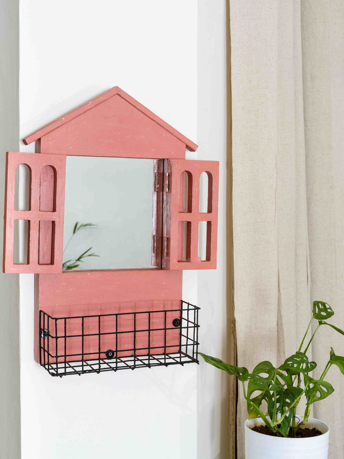 House Mirror Window Frame With Basket - Terracotta