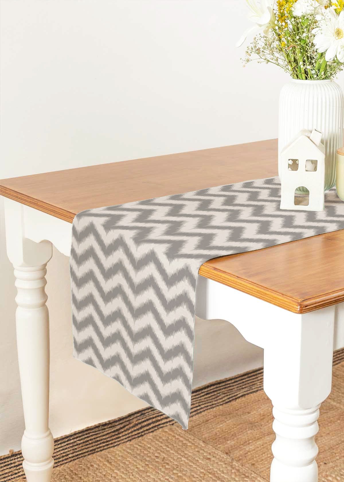 Ikat 100% cotton geometric table runner for 4 seater or 6 seater dining - Grey