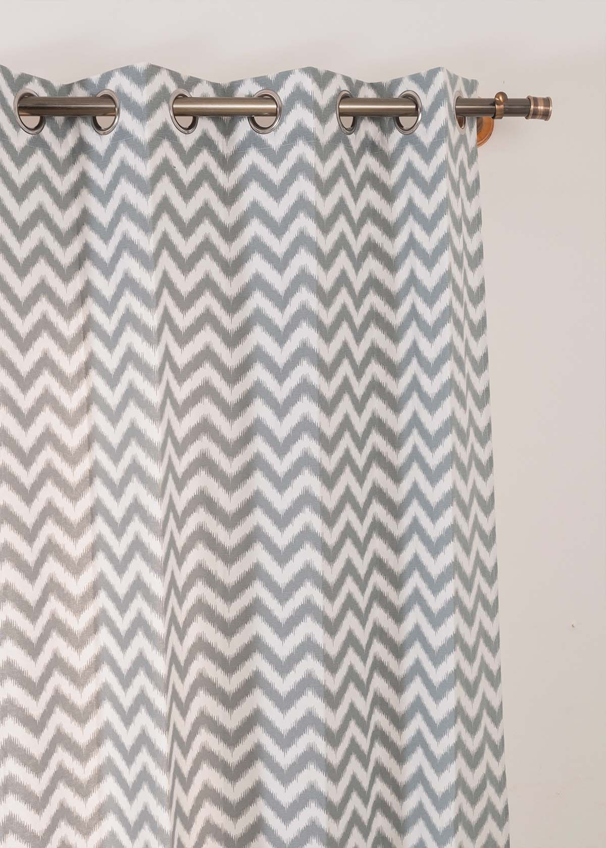 Ikat Chevron Printed Cotton Curtain - Grey