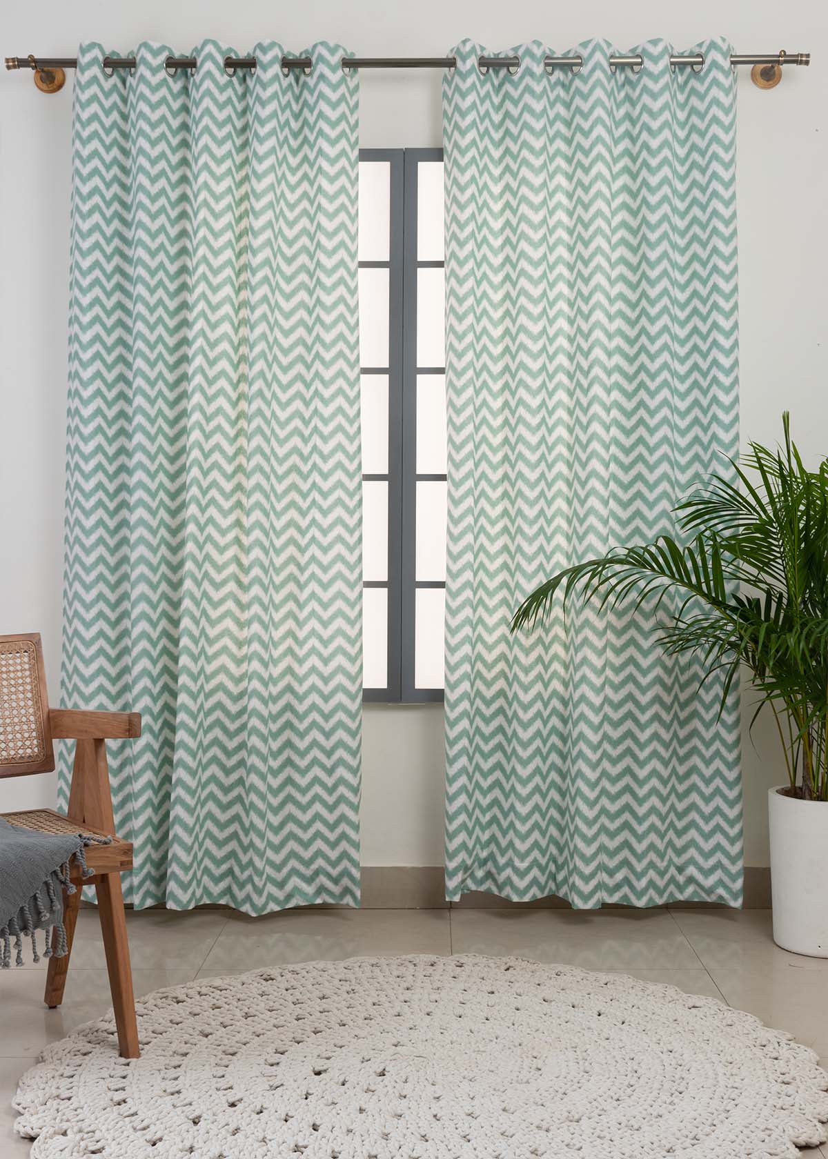Ikat Chevron Printed Cotton Curtain - Nile Blue