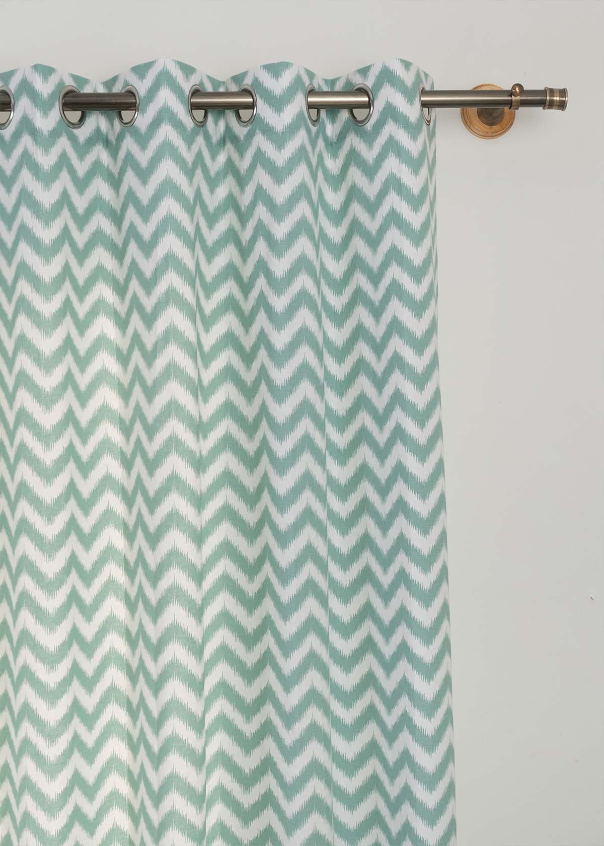 Ikat Chevron Printed Cotton Curtain - Nile Blue