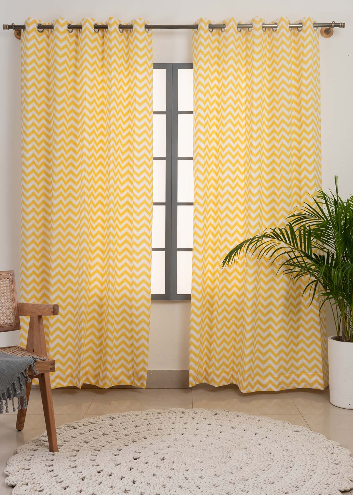 Ikat Chevron Printed Cotton Curtain - Yellow