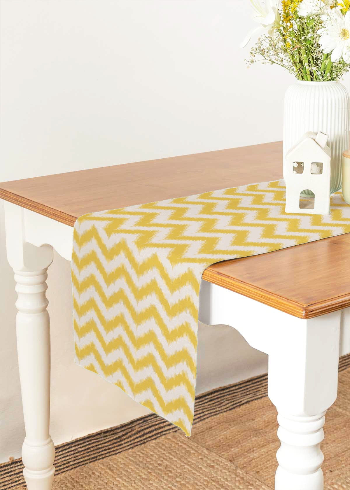 Ikat 100% cotton customisable geometric table Runner for dining - Yellow