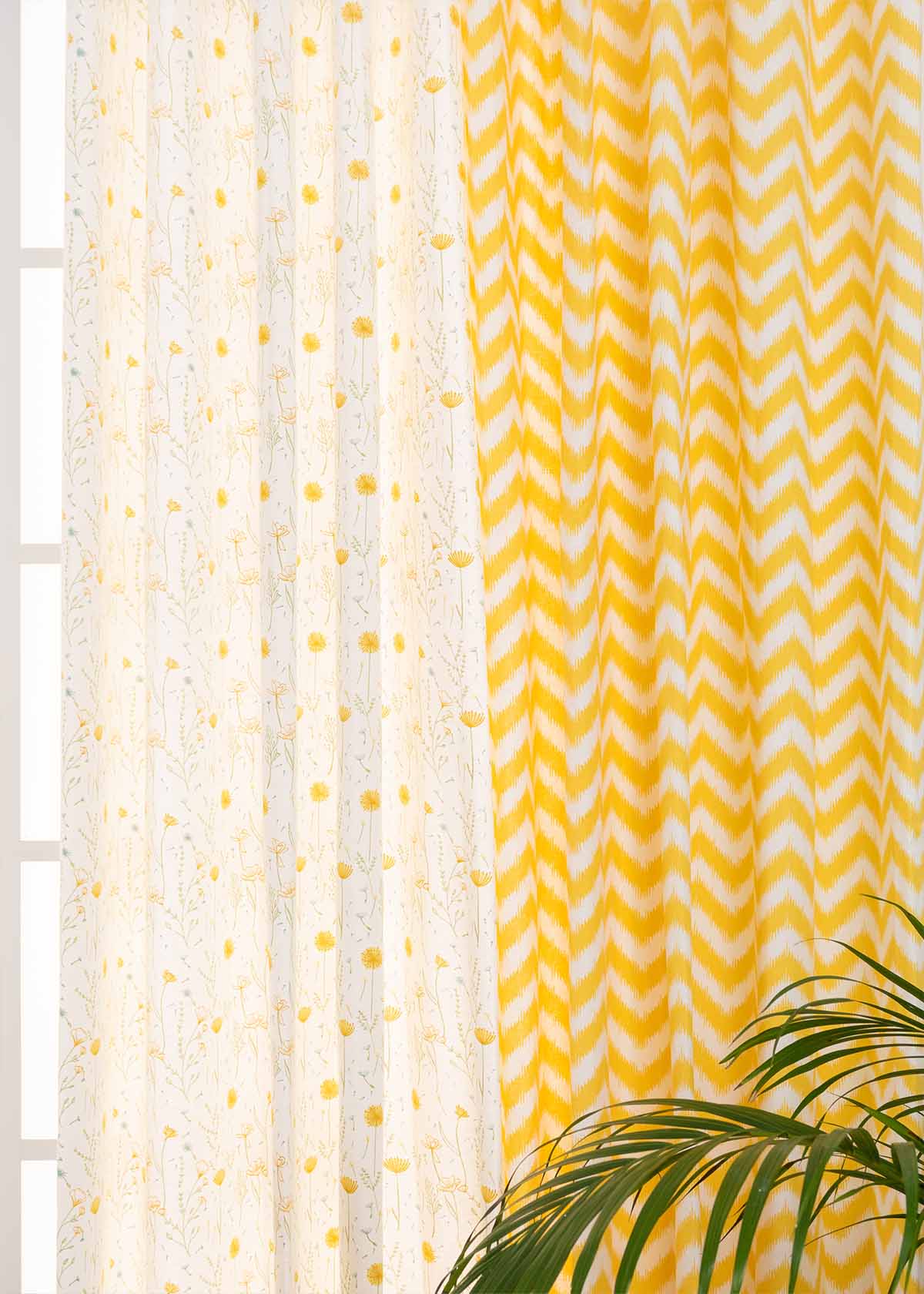 Ikat Chevron In Yellow, Drifting Dandelion In Yellow Set of 4 Combo Cotton Curtain - Yellow