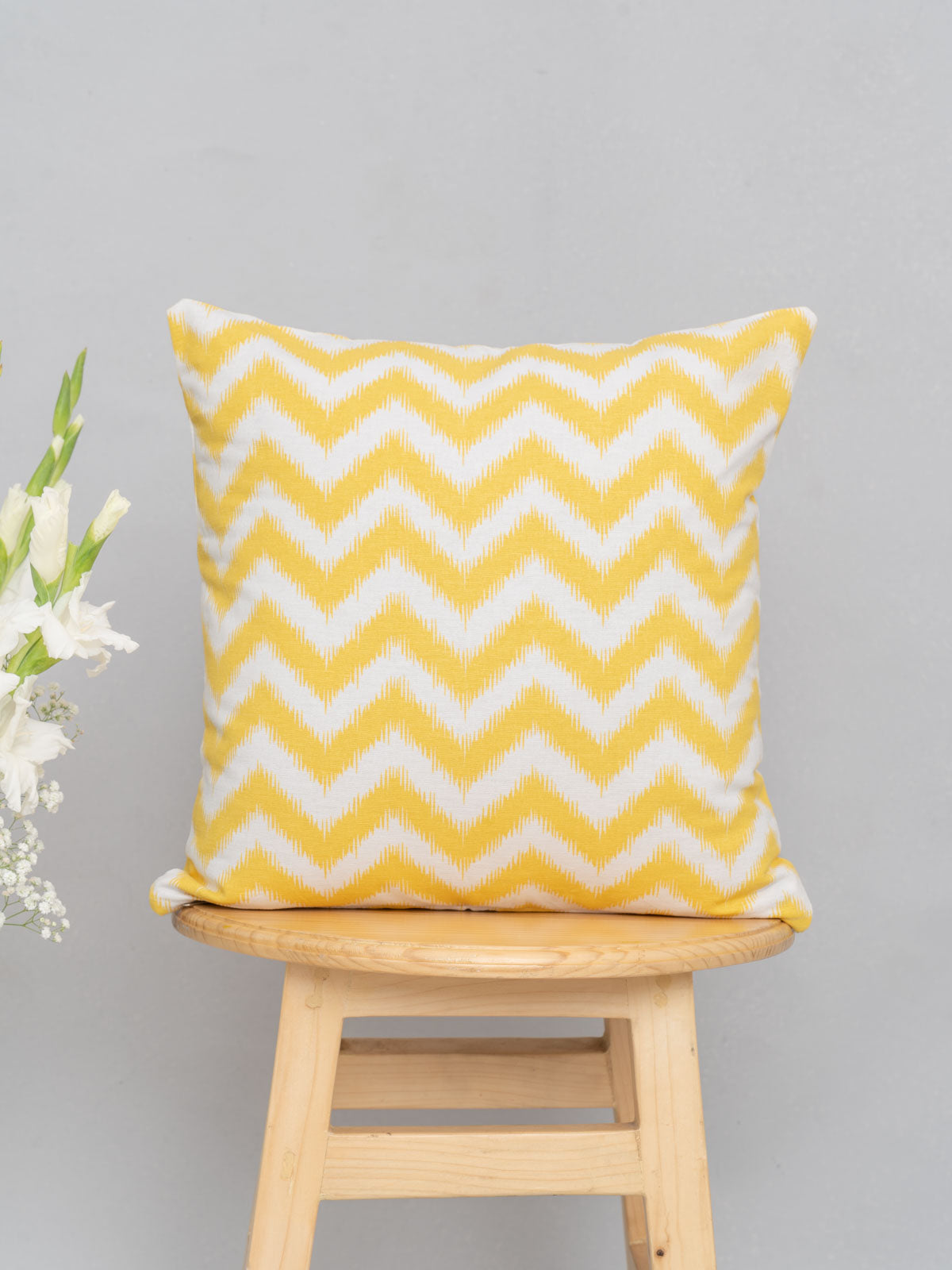 Bloom, Ikat Chevron Yellow, Busy Bees , Sage Green Set Of 4 Combo Cotton Cushion Cover - Yellow And Green