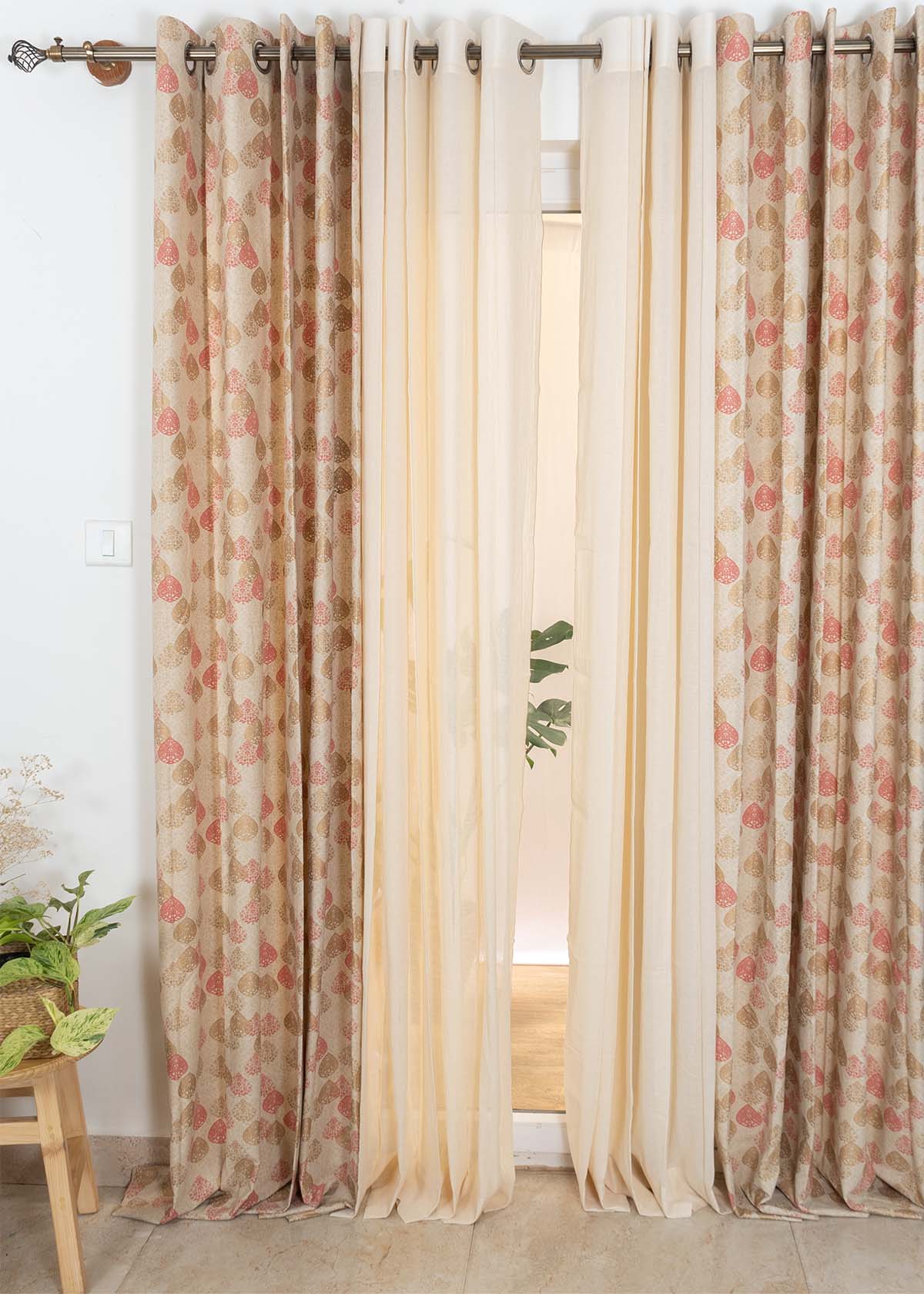 Indian Shimmer, Cream Solid Sheer Set of 4 Combo Cotton Curtain - Multicolor