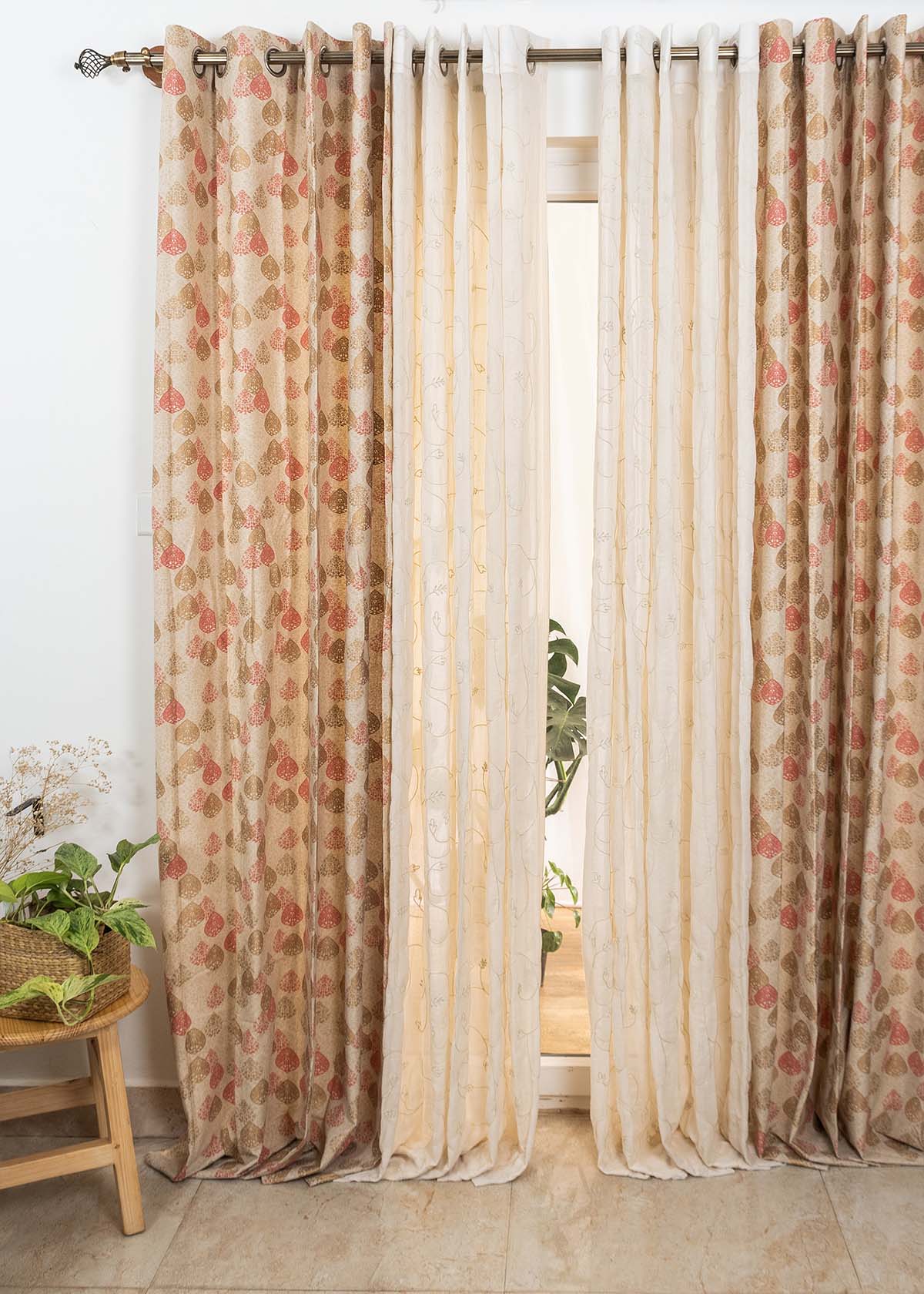 Indian Shimmer, Ivy Vines Cream Sheer Set of 4 Combo Cotton Curtain - Multicolor