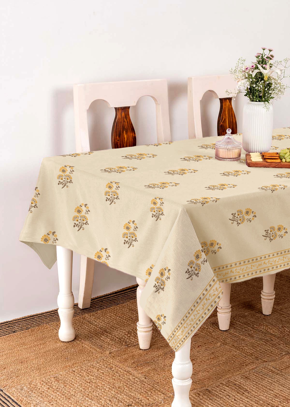 Indus Cotton 100% cotton ethnic table cloth for 4 seater or 6 seater dining - Amber