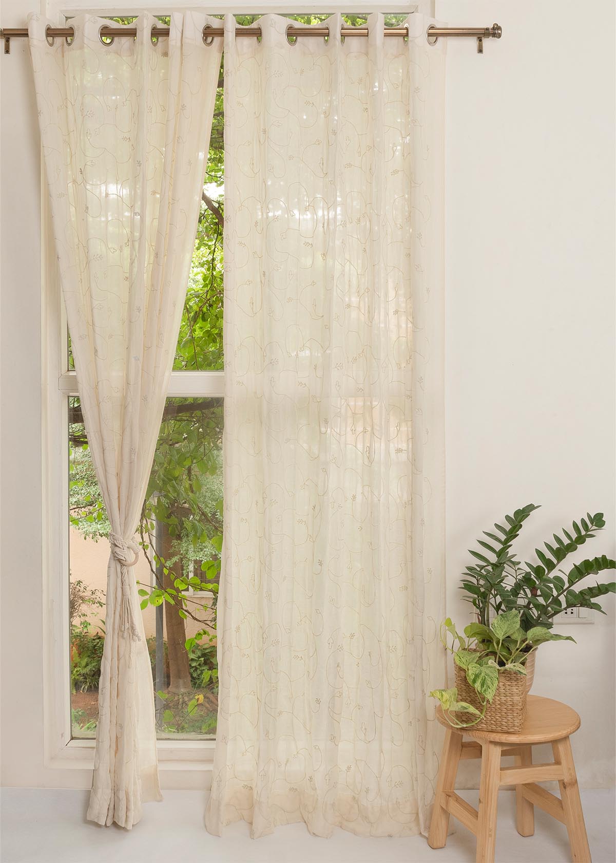 Ivy Vines Cream 100% cotton sheer embroidered minimal curtain for living room - Light filtering - Single Piece