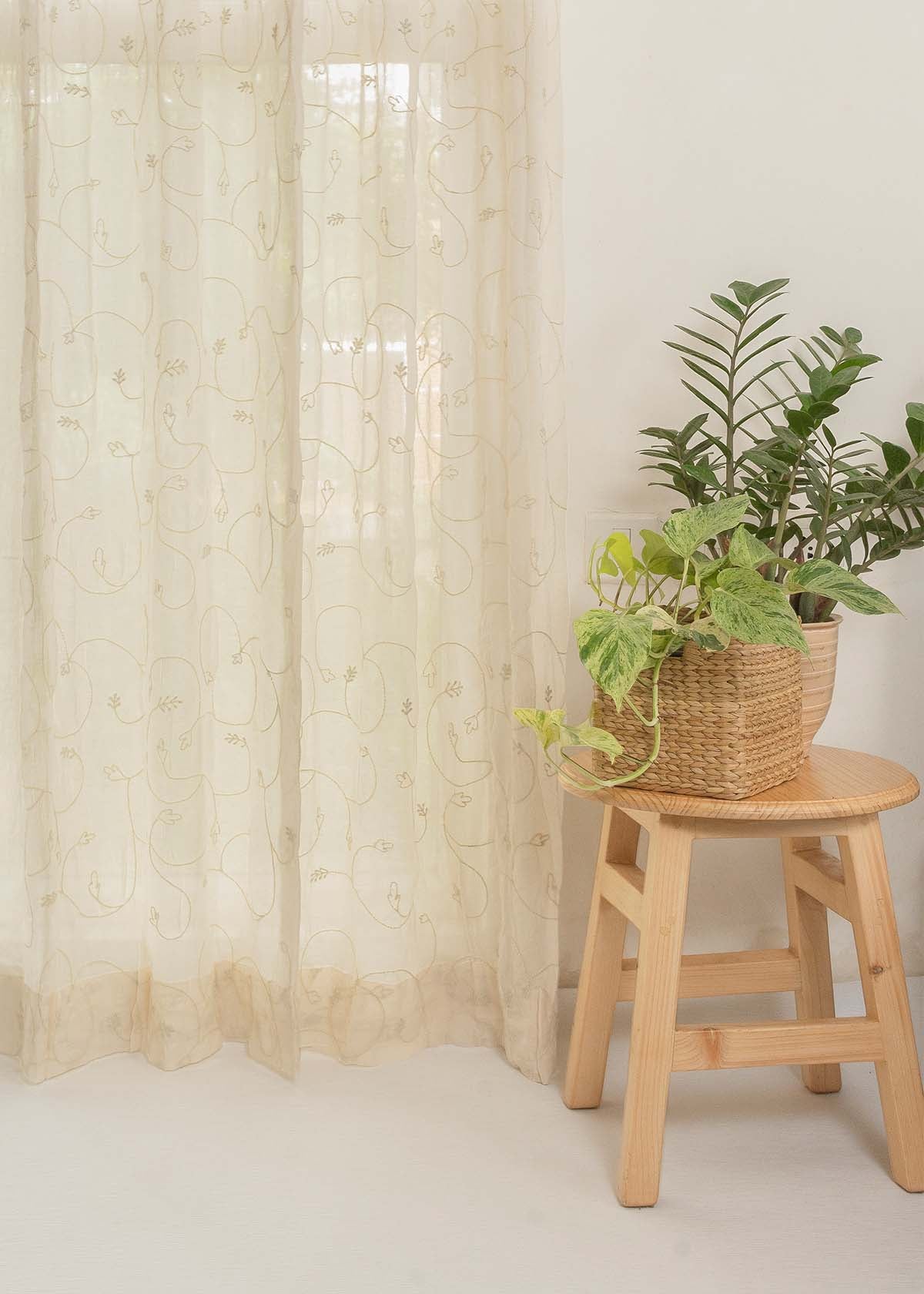 Ivy Vines Cream 100% cotton sheer embroidered minimal curtain for living room - Light filtering - Single Piece