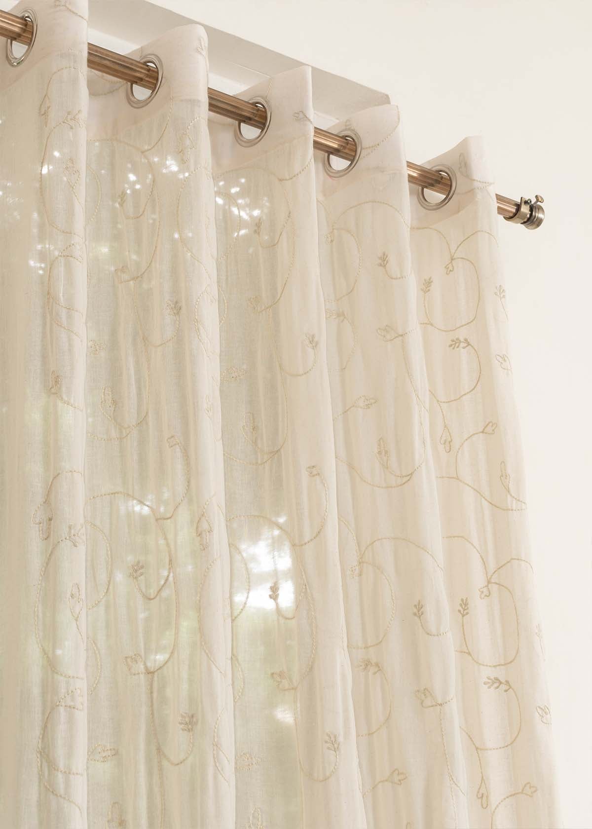 Ivy Vines Cream 100% cotton sheer embroidered minimal curtain for living room - Light filtering - Single Piece