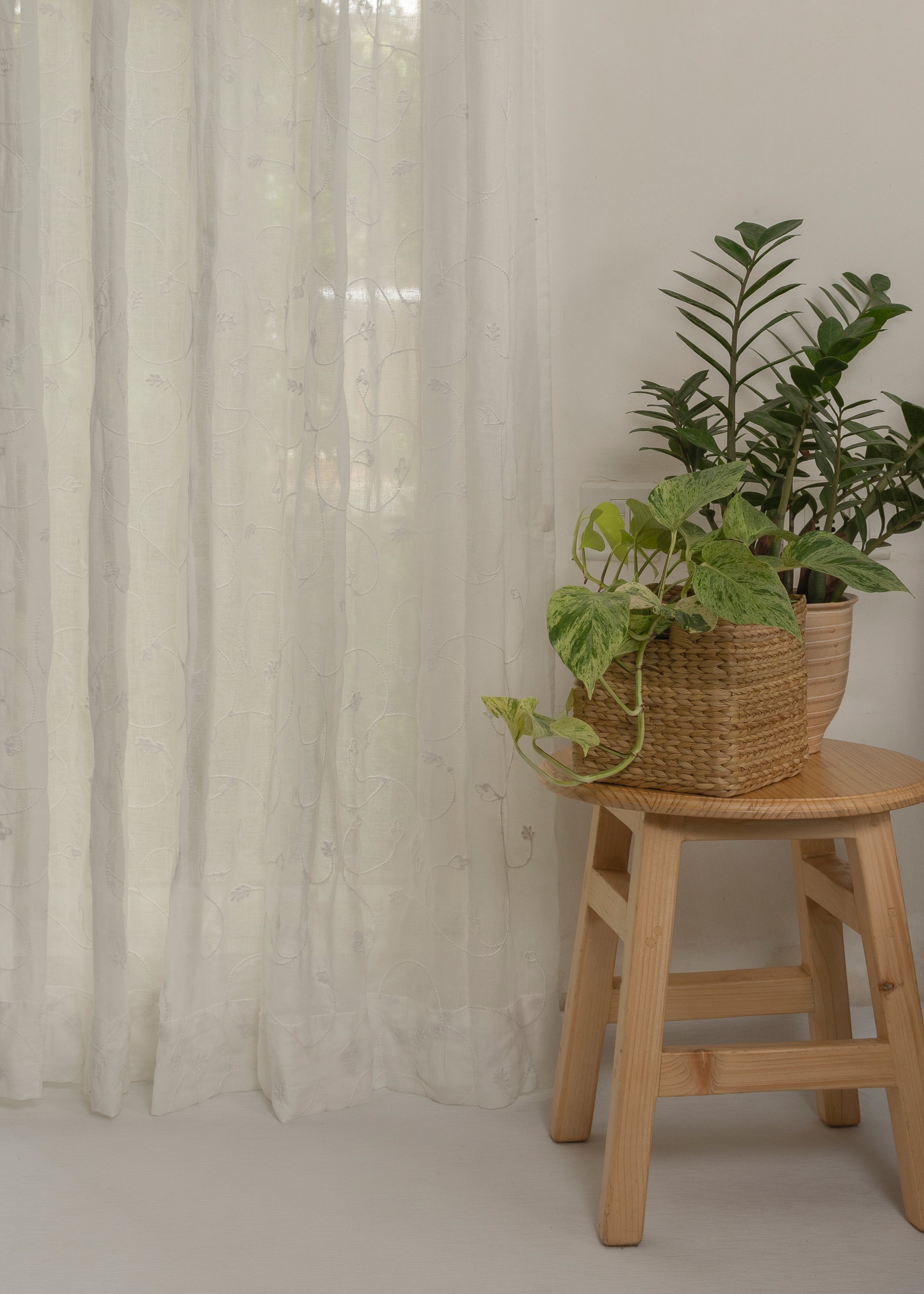 Ivy Vines White 100% cotton sheer embroidered minimal curtain for living room - Light filtering - Single Piece