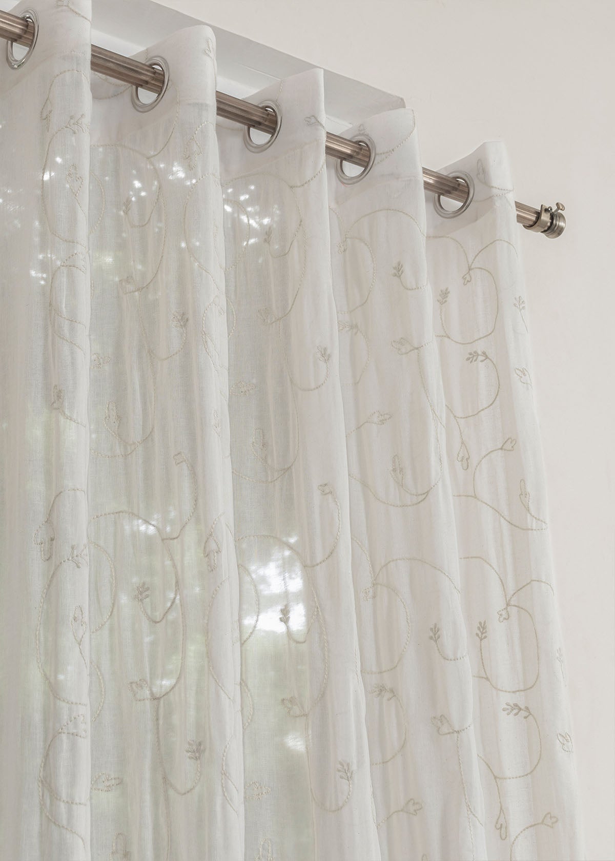 Ivy Vines White 100% cotton sheer embroidered minimal curtain for living room - Light filtering - Single Piece