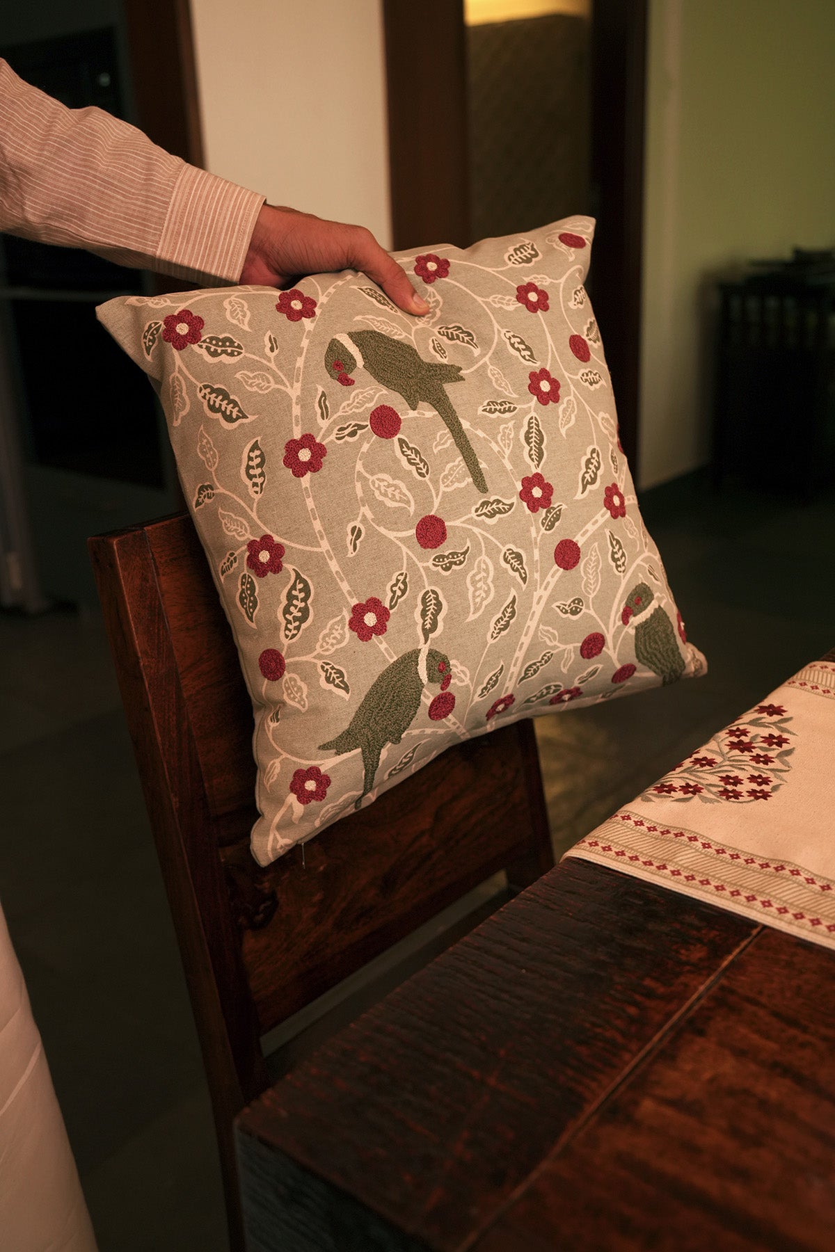 Khera Green | Embroidered Floral | 100% Cotton Cushion Cover For Sofa