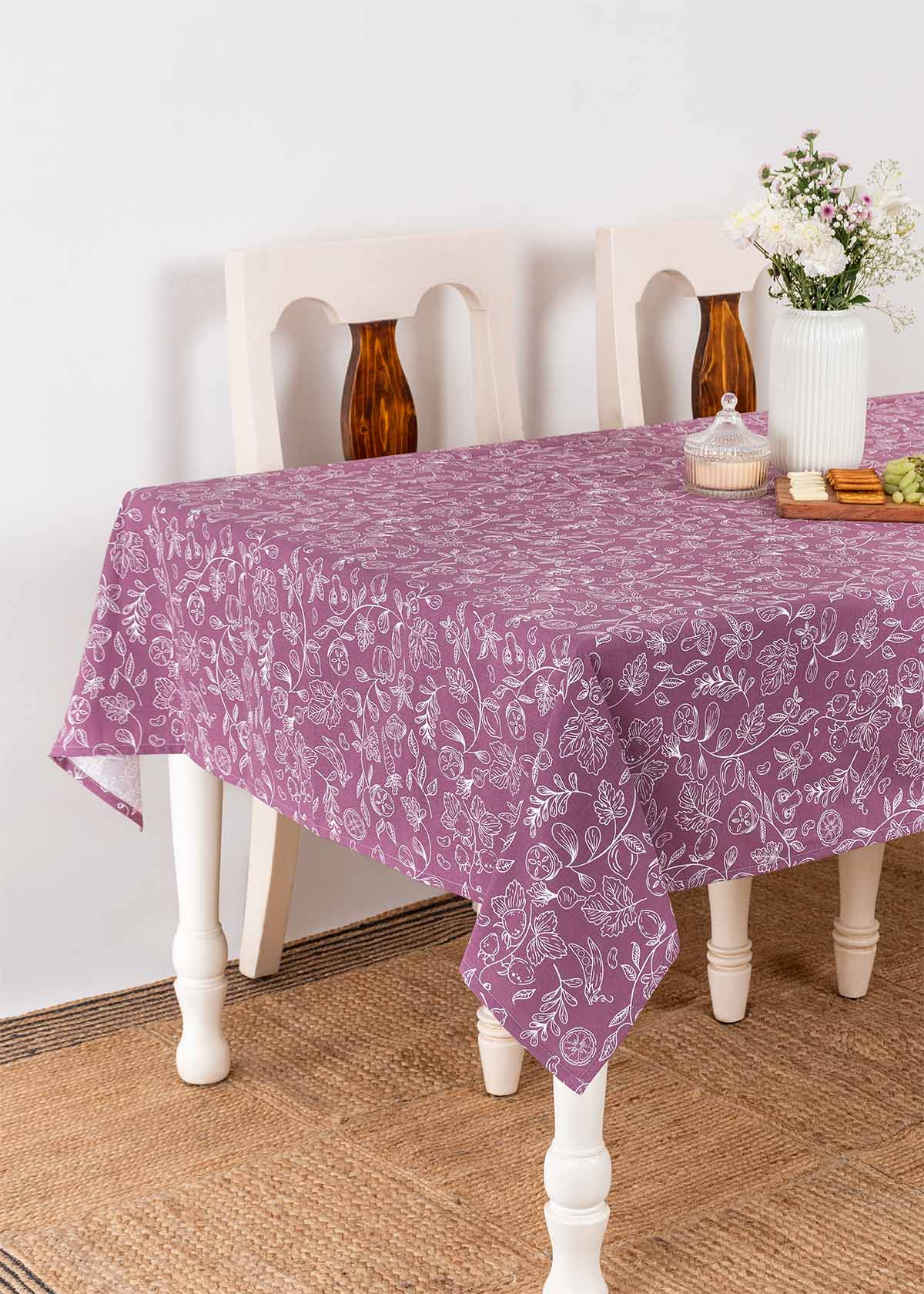 Kitchen Garden 100% cotton floral table cloth for 4 seater or 6 seater dining - Violet