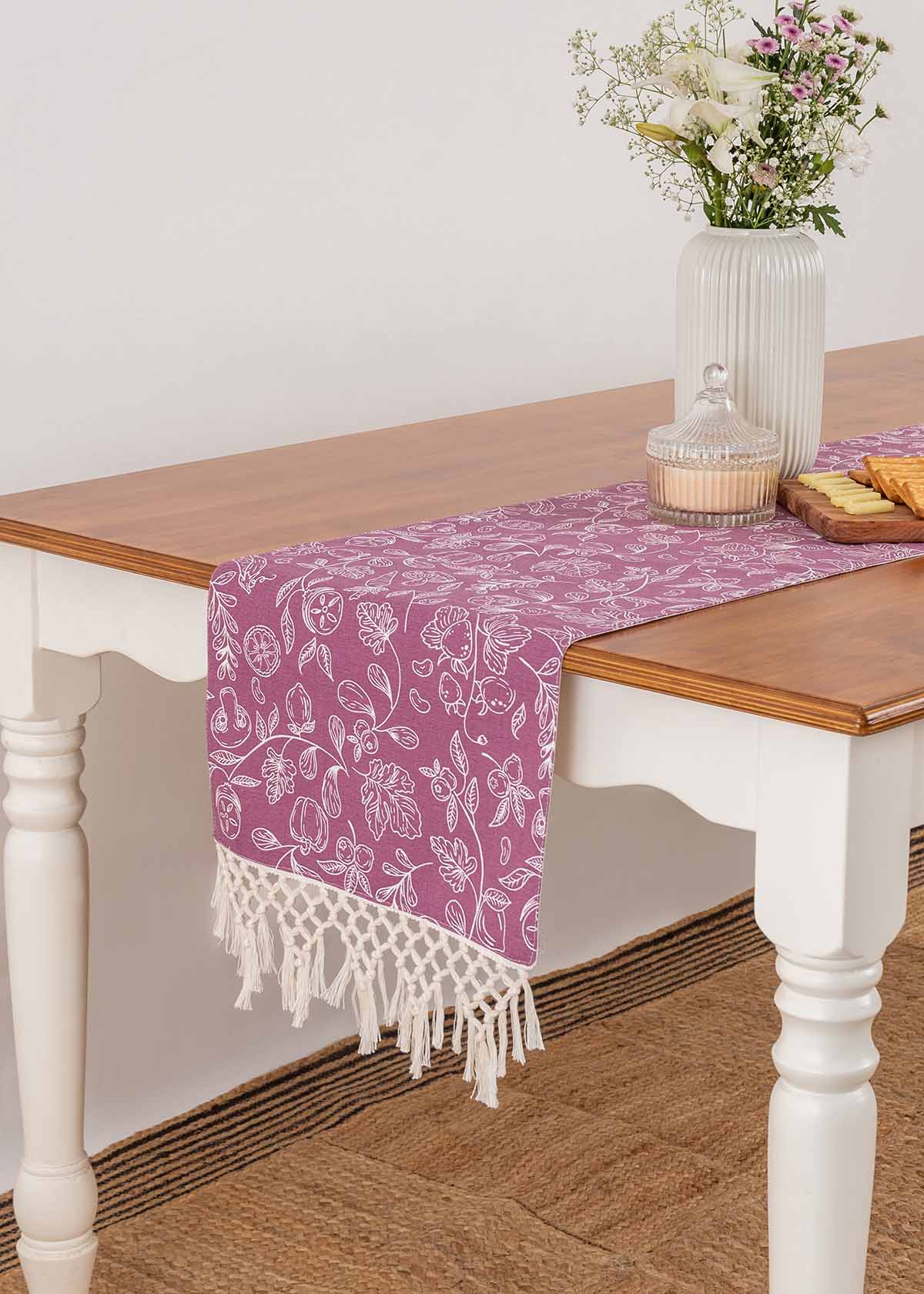 Kitchen Garden 100% cotton floral table runner for 4 seater or 6 seater Dining with tassels - Voilet