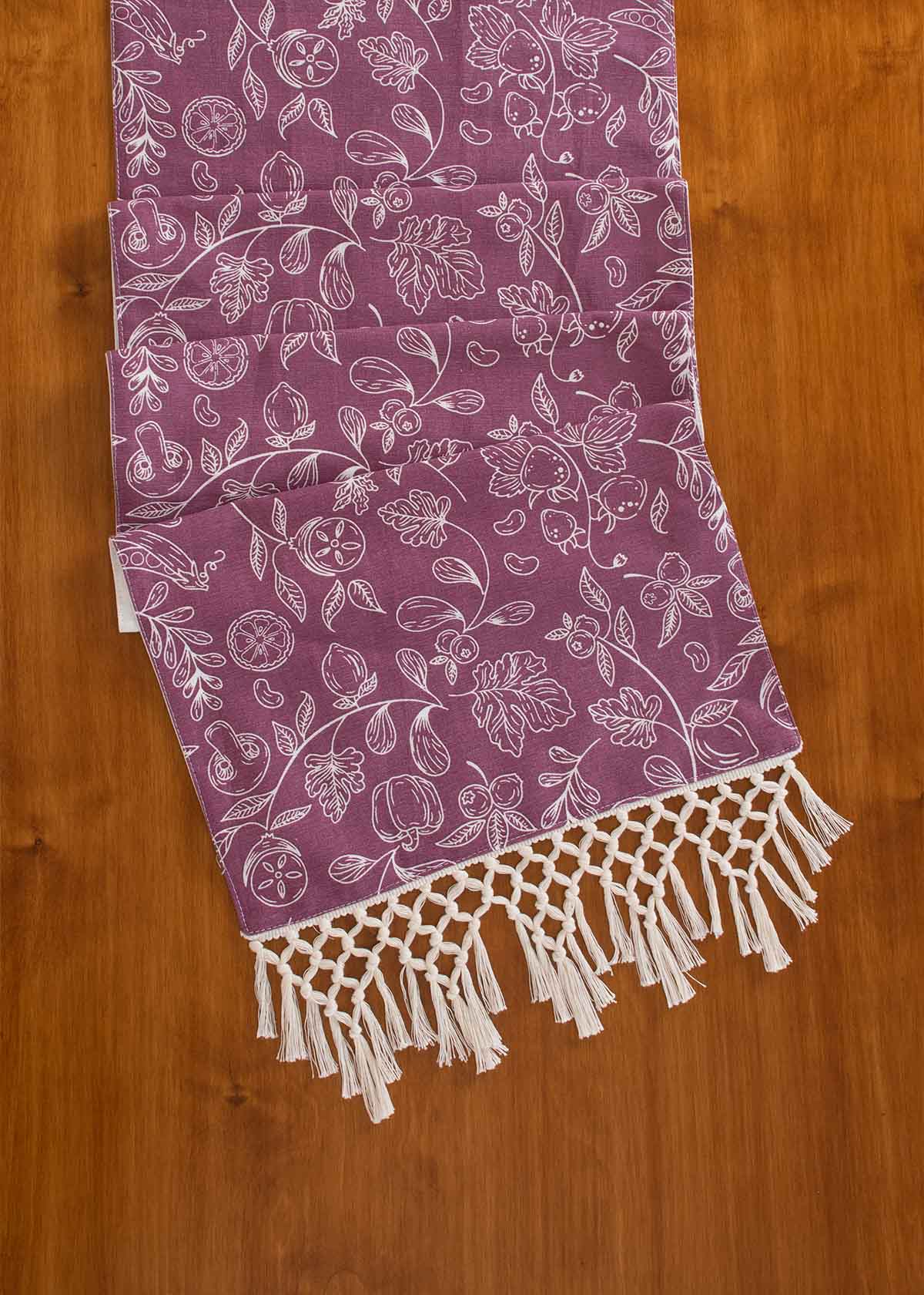 Kitchen Garden 100% cotton floral table runner for 4 seater or 6 seater Dining with tassels - Voilet
