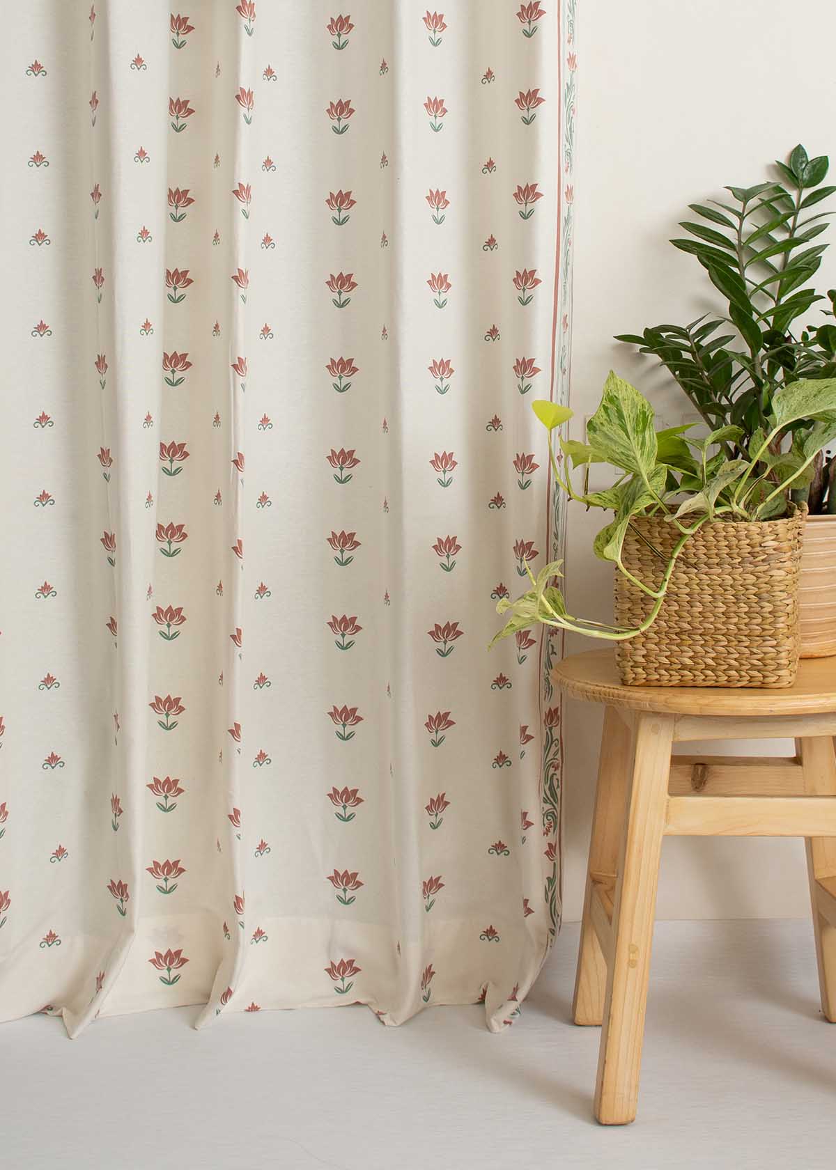 Lotus Pond Printed Cotton Curtain - Multicolor - Single