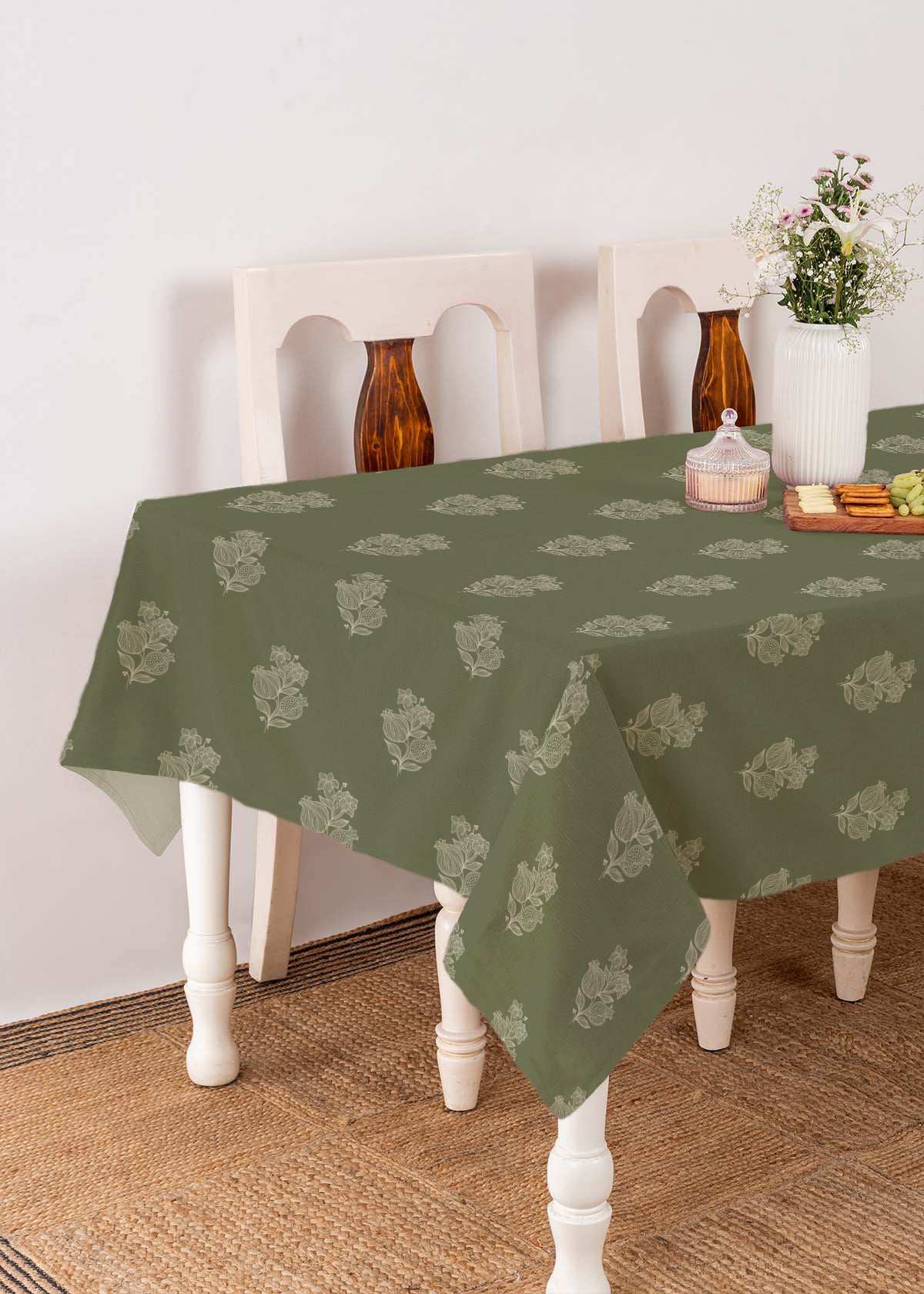 Malabar Printed 100% cotton ethnic table cloth for 4 seater or 6 seater dining - Pepper Green