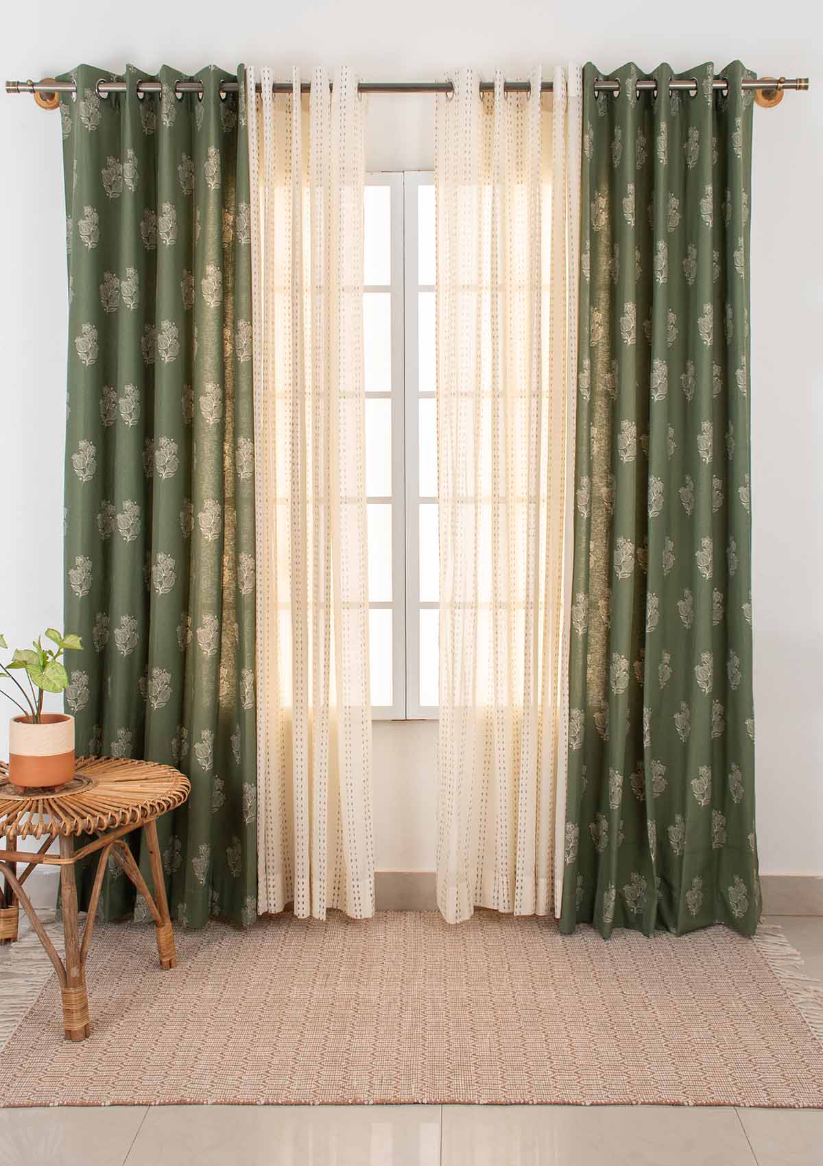 Malabar with Dew Set Of 4 Combo Cotton Curtain - Green