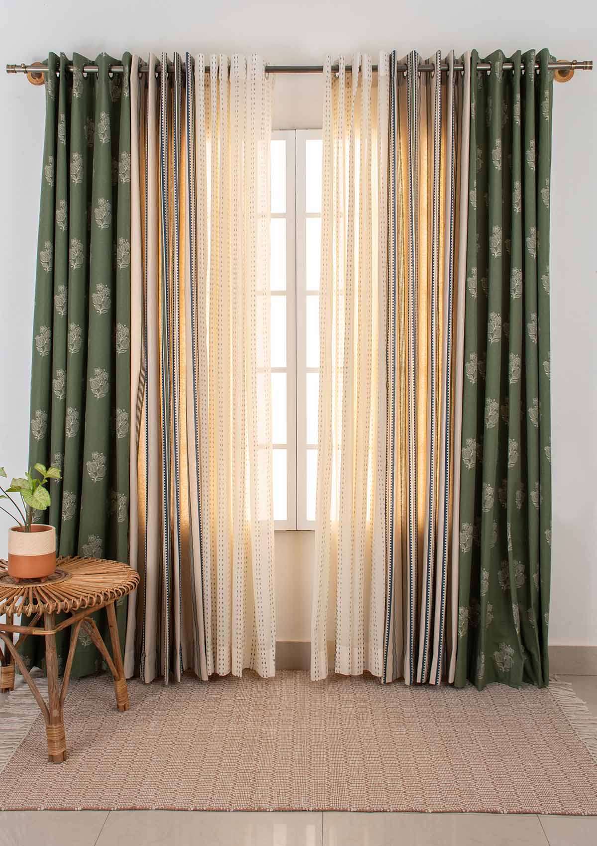 Malabar with Roman Stripes Set Of 6 Combo Cotton Curtain - Green