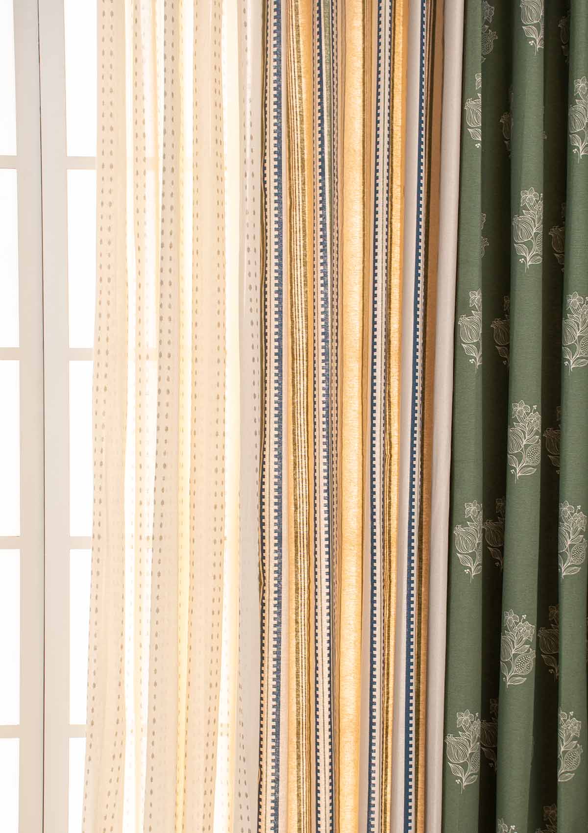 Malabar with Roman Stripes Set Of 6 Combo Cotton Curtain  - Green