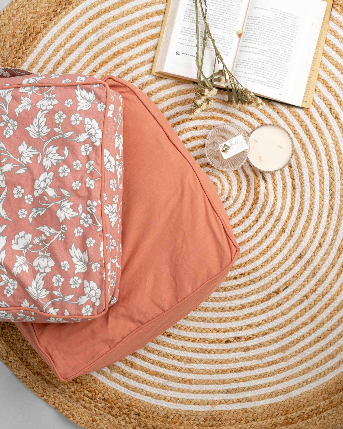 Marigold Printed Cotton Square Floor Cushion Cover - Rust