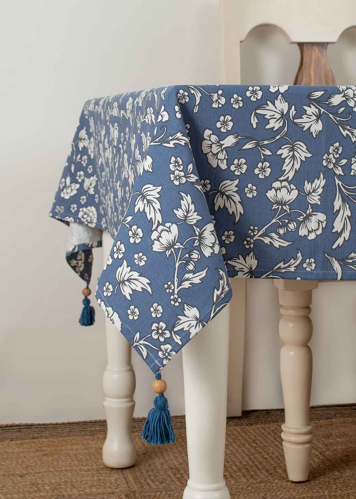 Marigold Printed 100% cotton floral table cloth for 4 seater or 6 seater dining - Royal Blue