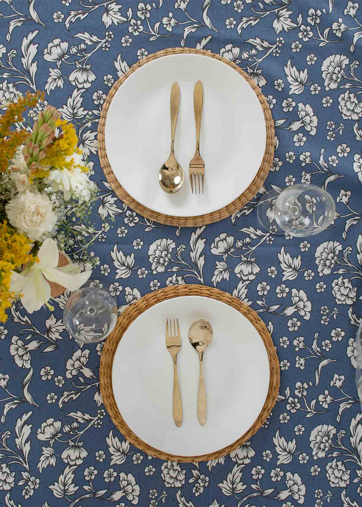 Marigold Printed Cotton Table Cloth - Royal Blue