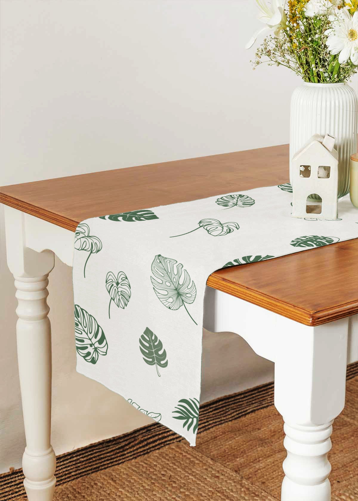 Monstera 100% cotton floral table runner for 4 seater or 6 seater Dining with tassels - Green