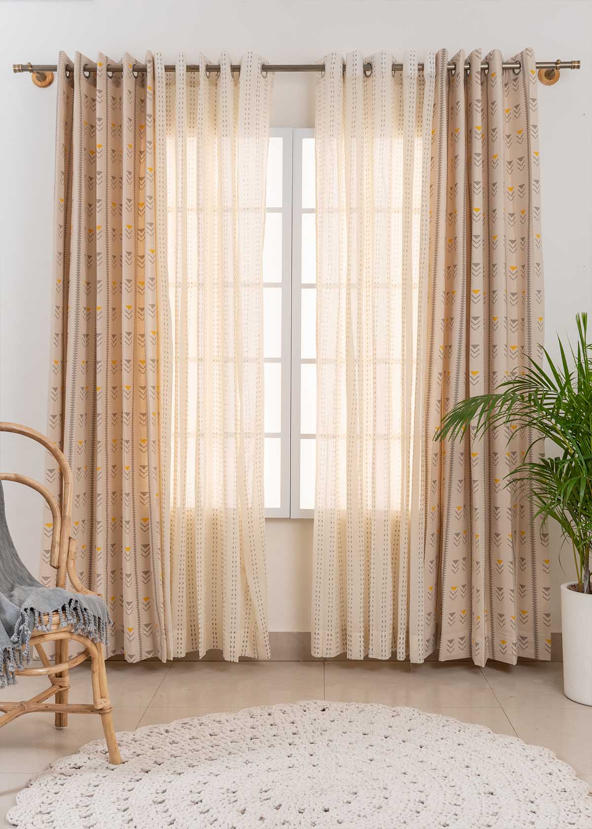 Mudline In English Mustard, Dew Sheer Set Of 4 Combo Cotton Curtain - Mustard And Cream