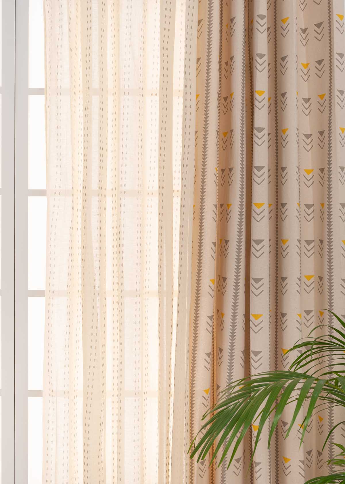 Mudline In English Mustard, Dew Sheer Set Of 4 Combo Cotton Curtain - Mustard And Cream