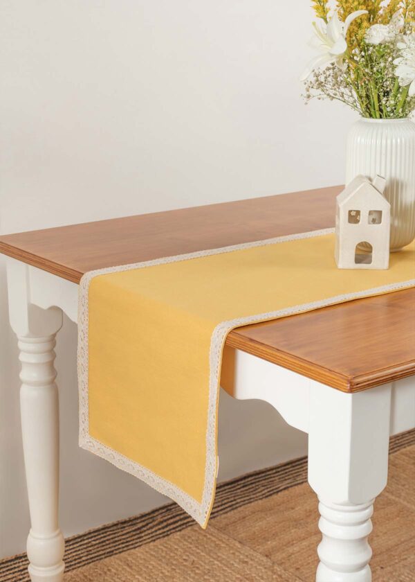 Solid Mustard 100% cotton plain table runner for 4 seater or 6 seater dining with lace boarder - Mustard