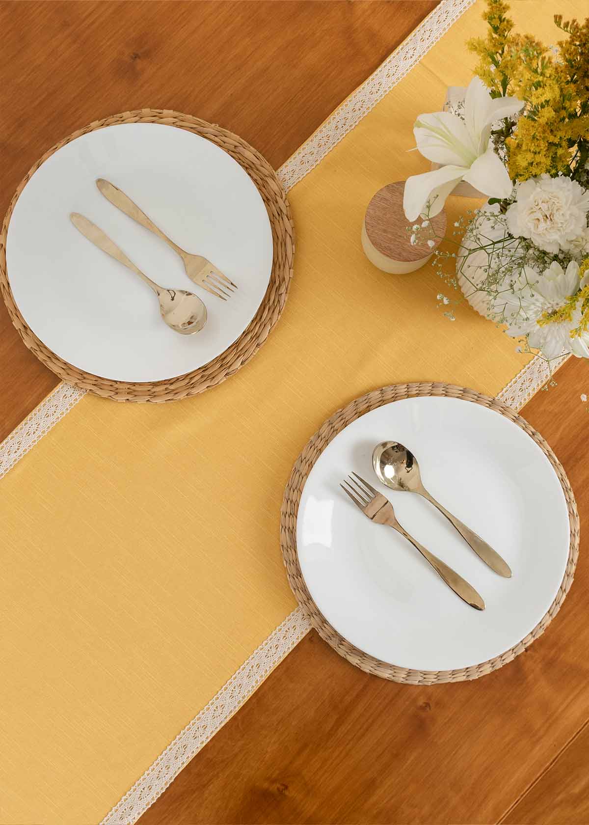 Solid Mustard 100% cotton plain table runner for 4 seater or 6 seater dining with lace border - Mustard
