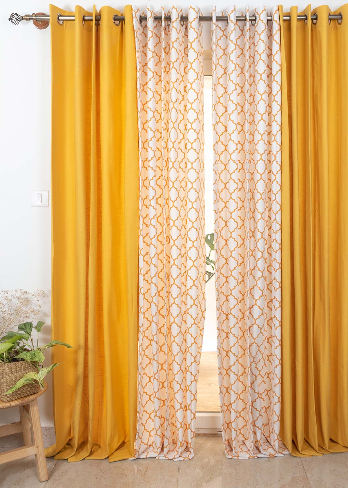 Mustard Solid, Trellis Mustard Set Of 4 Combo Cotton Curtain - Mustard