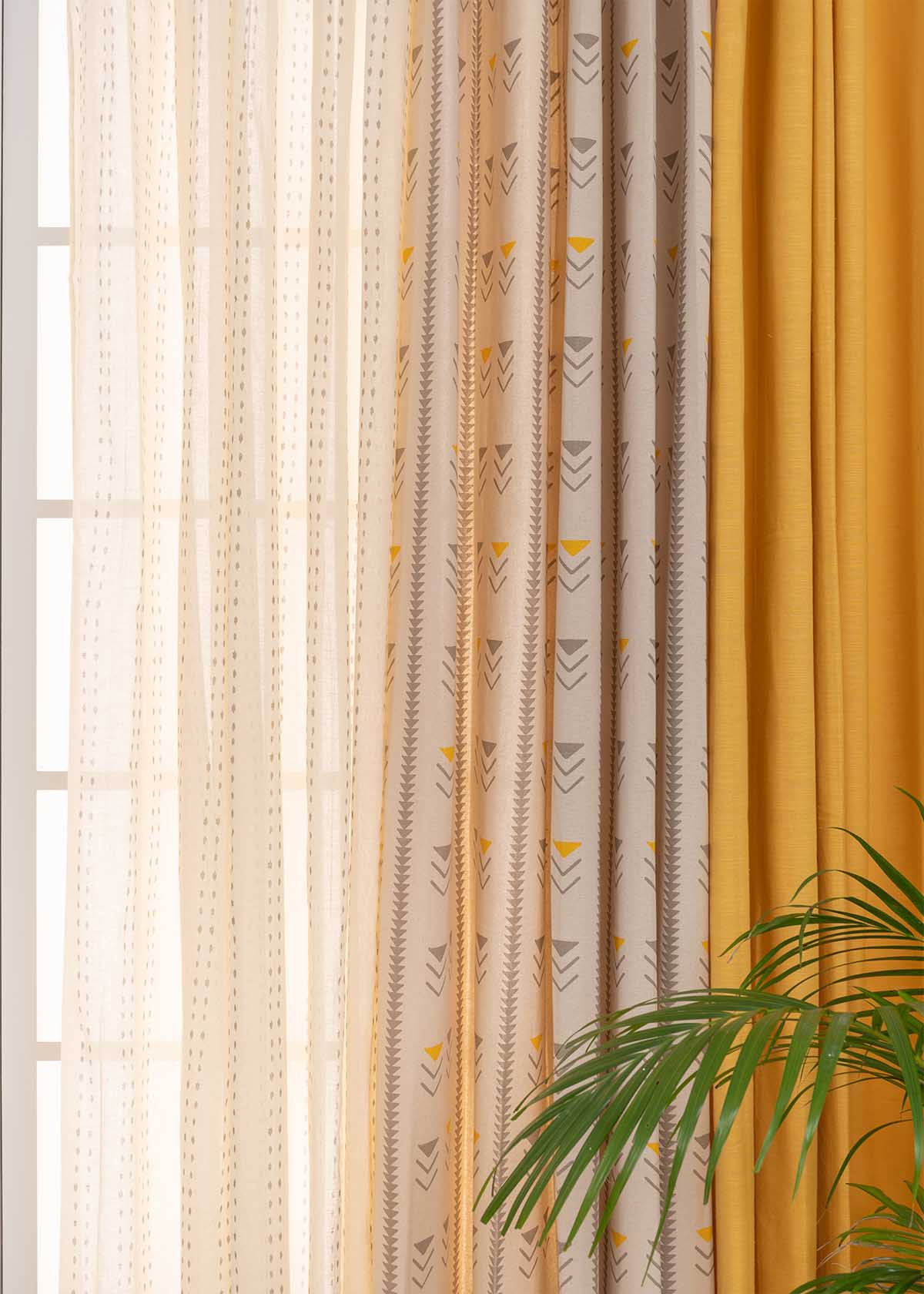 Mustard Solid, Mudline In English Mustard, Dew Sheer Set Of 6 Combo Cotton Curtain - Mustard And Cream